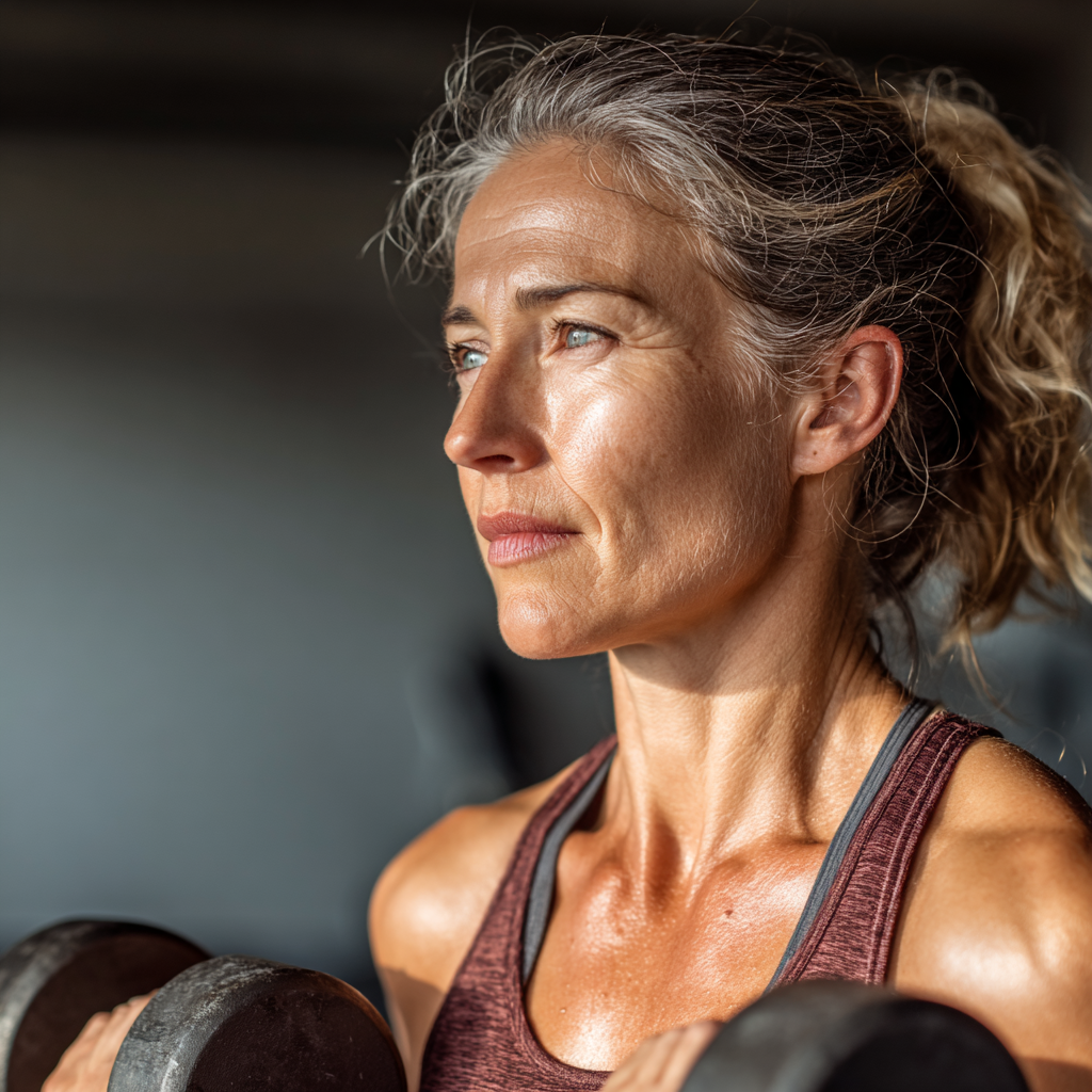 Active mature woman in her late forties doing strength training exercises with dumbbells in modern fitness center, focused expression, athletic wear