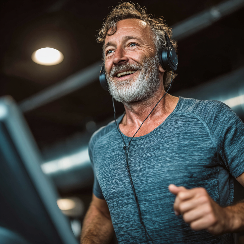 Fit middle-aged man around 50 years old running on treadmill in gym, smiling and energetic, wearing sporty clothes and headphones